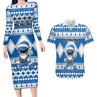 Personalized Power Blue Ranger Santa Claus Couples Matching Long Sleeve Bodycon Dress and Hawaiian Shirt Funny Christmas - Wonder Print Shop