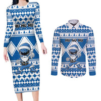 Personalized Power Blue Ranger Santa Claus Couples Matching Long Sleeve Bodycon Dress and Long Sleeve Button Shirt Funny Christmas - Wonder Print Shop