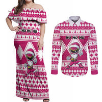 Personalized Power Pink Ranger Santa Claus Couples Matching Off Shoulder Maxi Dress and Long Sleeve Button Shirt Funny Christmas - Wonder Print Shop