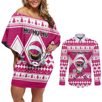Personalized Power Pink Ranger Santa Claus Couples Matching Off Shoulder Short Dress and Long Sleeve Button Shirt Funny Christmas - Wonder Print Shop