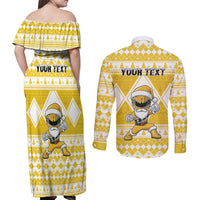 Personalized Power Yellow Ranger Santa Claus Couples Matching Off Shoulder Maxi Dress and Long Sleeve Button Shirt Funny Christmas - Wonder Print Shop