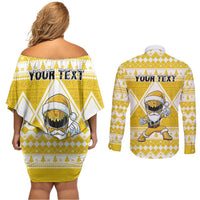 Personalized Power Yellow Ranger Santa Claus Couples Matching Off Shoulder Short Dress and Long Sleeve Button Shirt Funny Christmas - Wonder Print Shop