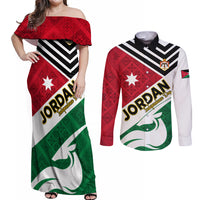 Jordan Independence Day Couples Matching Off Shoulder Maxi Dress and Long Sleeve Button Shirt Jordanie Folk Pattern Flag Style - Wonder Print Shop
