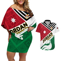 Jordan Independence Day Couples Matching Off Shoulder Short Dress and Hawaiian Shirt Jordanie Folk Pattern Flag Style - Wonder Print Shop