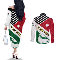 Jordan Independence Day Couples Matching Off The Shoulder Long Sleeve Dress and Long Sleeve Button Shirt Jordanie Folk Pattern Flag Style