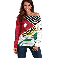 Jordan Independence Day Off Shoulder Sweater Jordanie Folk Pattern Flag Style - Wonder Print Shop