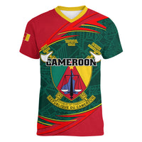 Personalised Cameroon Women V Neck T Shirt Cameroun Coat Of Arms Mix African Pattern - Wonder Print Shop