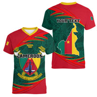 Personalised Cameroon Women V Neck T Shirt Cameroun Coat Of Arms Mix African Pattern - Wonder Print Shop