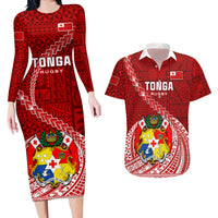Tonga Rugby Couples Matching Long Sleeve Bodycon Dress and Hawaiian Shirt Tongan Ngatu Pattern White Version - Wonder Print Shop