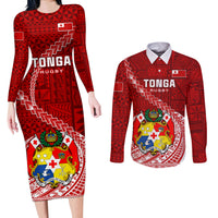 Tonga Rugby Couples Matching Long Sleeve Bodycon Dress and Long Sleeve Button Shirts Tongan Ngatu Pattern White Version - Wonder Print Shop