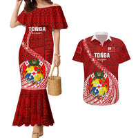 Tonga Rugby Couples Matching Mermaid Dress and Hawaiian Shirt Tongan Ngatu Pattern White Version - Wonder Print Shop