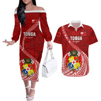 Tonga Rugby Couples Matching Off The Shoulder Long Sleeve Dress and Hawaiian Shirt Tongan Ngatu Pattern White Version - Wonder Print Shop