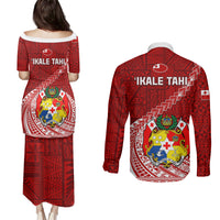 Tonga Rugby Couples Matching Puletasi Dress and Long Sleeve Button Shirts Tongan Ngatu Pattern White Version - Wonder Print Shop