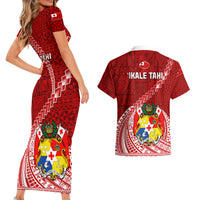 Tonga Rugby Couples Matching Short Sleeve Bodycon Dress and Hawaiian Shirt Tongan Ngatu Pattern White Version - Wonder Print Shop