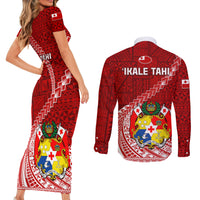 Tonga Rugby Couples Matching Short Sleeve Bodycon Dress and Long Sleeve Button Shirts Tongan Ngatu Pattern White Version - Wonder Print Shop