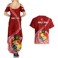 Tonga Rugby Couples Matching Summer Maxi Dress and Hawaiian Shirt Tongan Ngatu Pattern White Version - Wonder Print Shop
