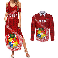 Tonga Rugby Couples Matching Summer Maxi Dress and Long Sleeve Button Shirts Tongan Ngatu Pattern White Version - Wonder Print Shop