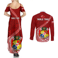Tonga Rugby Couples Matching Summer Maxi Dress and Long Sleeve Button Shirts Tongan Ngatu Pattern White Version - Wonder Print Shop