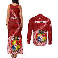 Tonga Rugby Couples Matching Tank Maxi Dress and Long Sleeve Button Shirts Tongan Ngatu Pattern White Version - Wonder Print Shop