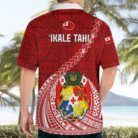 Red rugby polo shirt on model showing back 'IKALE TAHI' and crest graphic