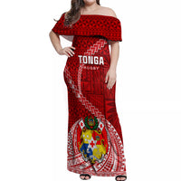 Tonga Rugby Off Shoulder Maxi Dress Tongan Ngatu Pattern White Version - Wonder Print Shop