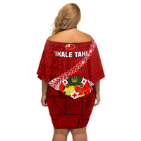 Tonga Rugby Off Shoulder Short Dress Tongan Ngatu Pattern White Version - Wonder Print Shop