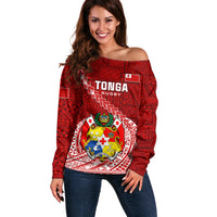 Tonga Rugby Off Shoulder Sweater Tongan Ngatu Pattern White Version - Wonder Print Shop