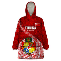 Tonga Rugby Wearable Blanket Hoodie Tongan Ngatu Pattern White Version - Wonder Print Shop