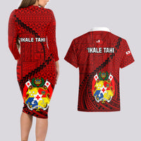 Tonga Rugby Couples Matching Long Sleeve Bodycon Dress and Hawaiian Shirt Tongan Ngatu Pattern Black Version - Wonder Print Shop