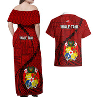 Tonga Rugby Couples Matching Off Shoulder Maxi Dress and Hawaiian Shirt Tongan Ngatu Pattern Black Version - Wonder Print Shop