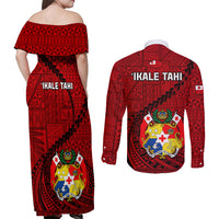 Tonga Rugby Couples Matching Off Shoulder Maxi Dress and Long Sleeve Button Shirts Tongan Ngatu Pattern Black Version - Wonder Print Shop