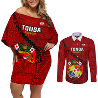Tonga Rugby Couples Matching Off Shoulder Short Dress and Long Sleeve Button Shirts Tongan Ngatu Pattern Black Version - Wonder Print Shop