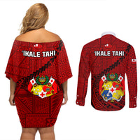Tonga Rugby Couples Matching Off Shoulder Short Dress and Long Sleeve Button Shirts Tongan Ngatu Pattern Black Version - Wonder Print Shop