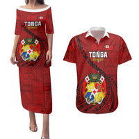 Tonga Rugby Couples Matching Puletasi Dress and Hawaiian Shirt Tongan Ngatu Pattern Black Version - Wonder Print Shop