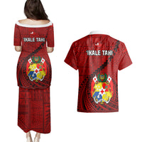 Tonga Rugby Couples Matching Puletasi Dress and Hawaiian Shirt Tongan Ngatu Pattern Black Version - Wonder Print Shop