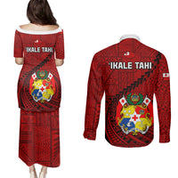 Tonga Rugby Couples Matching Puletasi Dress and Long Sleeve Button Shirts Tongan Ngatu Pattern Black Version - Wonder Print Shop