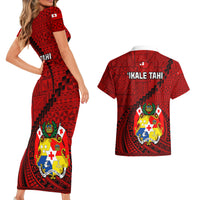Tonga Rugby Couples Matching Short Sleeve Bodycon Dress and Hawaiian Shirt Tongan Ngatu Pattern Black Version - Wonder Print Shop