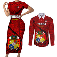 Tonga Rugby Couples Matching Short Sleeve Bodycon Dress and Long Sleeve Button Shirts Tongan Ngatu Pattern Black Version - Wonder Print Shop