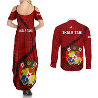 Tonga Rugby Couples Matching Summer Maxi Dress and Long Sleeve Button Shirts Tongan Ngatu Pattern Black Version - Wonder Print Shop