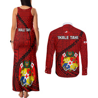 Tonga Rugby Couples Matching Tank Maxi Dress and Long Sleeve Button Shirts Tongan Ngatu Pattern Black Version - Wonder Print Shop