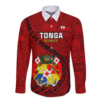 Tonga Rugby Long Sleeve Button Shirt Tongan Ngatu Pattern Black Version - Wonder Print Shop