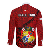 Tonga Rugby Long Sleeve Button Shirt Tongan Ngatu Pattern Black Version - Wonder Print Shop