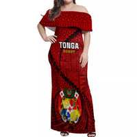 Tonga Rugby Off Shoulder Maxi Dress Tongan Ngatu Pattern Black Version - Wonder Print Shop
