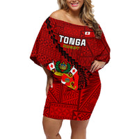 Tonga Rugby Off Shoulder Short Dress Tongan Ngatu Pattern Black Version - Wonder Print Shop