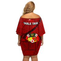 Tonga Rugby Off Shoulder Short Dress Tongan Ngatu Pattern Black Version - Wonder Print Shop