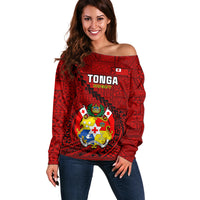 Tonga Rugby Off Shoulder Sweater Tongan Ngatu Pattern Black Version - Wonder Print Shop