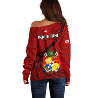 Tonga Rugby Off Shoulder Sweater Tongan Ngatu Pattern Black Version - Wonder Print Shop