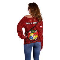 Tonga Rugby Off Shoulder Sweater Tongan Ngatu Pattern Black Version - Wonder Print Shop