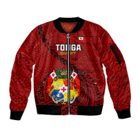 Tonga Rugby Sleeve Zip Bomber Jacket Tongan Ngatu Pattern Black Version - Wonder Print Shop