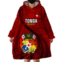Tonga Rugby Wearable Blanket Hoodie Tongan Ngatu Pattern Black Version - Wonder Print Shop